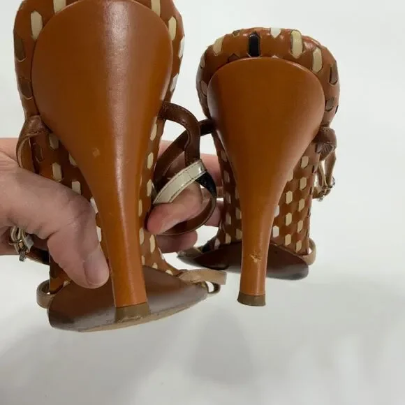 Salvatore Ferragamo Brown and Cream Strappy Heels - Picture 10 of 11